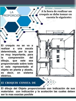 A la hora de realizar un
croquis se debe tomar en
cuenta lo siguiente:
LA
PROPORCIÓN
El croquis no se va a
realizar a una escala
determinada, por lo que
es muy importante, para
la comprensión del
dibujo, que este sea
proporcionado sobre todo
si esta representado el
objeto en planta y alzado,
es decir, en sistema
diédrico.
El CROQUIS CONSTA DE
El dibujo del Objeto proporcionado con indicación de sus
materiales con indicación y la acotación las cuales deben
ser lo mas exactas posible
 