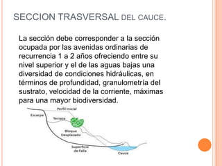 SECCION TRASVERSAL DEL CAUCE.
La sección debe corresponder a la sección
ocupada por las avenidas ordinarias de
recurrencia 1 a 2 años ofreciendo entre su
nivel superior y el de las aguas bajas una
diversidad de condiciones hidráulicas, en
términos de profundidad, granulometría del
sustrato, velocidad de la corriente, máximas
para una mayor biodiversidad.

 