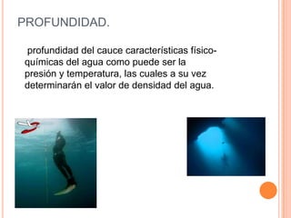 PROFUNDIDAD.
profundidad del cauce características físicoquímicas del agua como puede ser la
presión y temperatura, las cuales a su vez
determinarán el valor de densidad del agua.

 