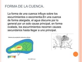 FORMA DE LA CUENCA.
La forma de una cuenca influye sobre los
escurrimientos o escorrentia.En una cuenca
de forma alargada, el agua discurre por lo
general por un solo cause principal, en forma
ovalada, los escurrimientos recorren causes
secundarios hasta llegar a uno principal.

 