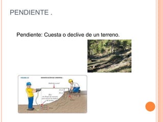 PENDIENTE .
Pendiente: Cuesta o declive de un terreno.

 