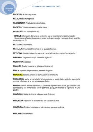 GLOSARIO DE LENGUAJE ORAL
[Selecciona
  r fecha]

              MACROQUILIA: Labios grandes

              MACRORRINIA: Nariz grande

              MACROSTOMÍA: Amplitud anormal de la boca

              MACROTÍA: Tamaño desmesurado de las orejas

              MEGAFONÍA: Voz anormalmente alta.

               MENSAJE: Información. Conjunto de contenidos que se transmiten en una comunicación.
                Secuencia de señales y signos que un emisor envía a un receptor , por medio de un canal de
              transmisión.(op. Cit)

              METAFONIA: Voz metálica.

              METALALIA: Pronunciación invertida de un grupo de fonemas.

              METATONÍA: Cambio de lugar del acento de intensidad o de altura, dentro de una palabra.

              MIASTENIA: Fatiga muscular por transtornos orgânicos.

              MICROFONIA: Voz débil.

              MIMACIÓN: Empleo frecuente en el habla del fonema (m)

              MÍMICA: expresión del pensamiento por medio de gestos.

              MITACISMO: trastorno general de la articulación del fonema (m)

              MODULACIÓN: Variar la intensidad o la frecuencia de un sonido dado, según las leyes de la
              armonía. Inflexiones de la voz para expresar afectos.

              MONEMA: Unidad mínima significativa, o unidad de la primera articulación ,que comporta una
              significación y una forma fónica. Sonido pertinente, que puede modificar el significado de una
              palabra.

              MONÓLOGO: Hablar sin dirigir la palabra a nadie. Soliloquio.


              MONOMANÍA: Repetición de la misma idea con exclusión de otras.


              MONOPLEJIA: Parálisis limitada de un solo miembro, por causa orgánica.


              MONORREA: Palabra frase.
 