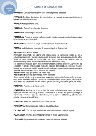 GLOSARIO DE LENGUAJE ORAL
[Selecciona
  r fecha]
              PARALEXIA: Confusión reemplazando unas palabras por otras parecidas.

              PARÁLISIS: Perdida o disminución del movimiento en un músculo, u organo, por lesion en su
              conexión con el sistema nervioso.

              PARALOGIA: Razonamiento falso.

              PARAMINIA: Confusión en el empleo de gestos.

              PARAMNESIA: Dificultad para recordar.

              PARAPLEJIA: Perdida de la capacidad de mover los miembros superiores o inferiores de ambos
              lados del cuerpo, voluntariamente.

              PARATONIA: imposibilidad de relajar voluntariamente un músculo contraido

              PARESIA: parálisis ligero o incompleta de solo un músculo, o fibra muscular.

              PATTERN: Pauta. Modelo. Patrón
              Información almacenada que abarca una extensa gama de variedades (desde un gen a
              estructuras cognitivas) y que sirve como control de mando, para la reproducción de otro patrón
              similar o como termino de comparación con otras informaciones captadas para su
              reconocimiento y ulterior actuación sobre las mismas.(Montserrat. 1985)
              Los patterns del lenguaje oral y de la lectoescritura son patrones fenotípicos, aprendidos por
              educación y reflejos condicionados, mediante procesos de biofeedback, siguiendo modelos
              ideales, que una vez aprendidos servirán de referencia para cotejar después, por procesos de
              feedback, los patrones ejecutados, al hablar, leer o escribir.
              Pattern sollwer: valor que debería ser. Patrón ideal
              Pattern istwert: valor que realmente es. Patrón ejecutado
              Según nuestra opinión, es la lengua oral de los patrones sollwert, ideales, serian los fonemas y
              en la lengua escrita los grafemas.los patrones istwert, ejecutados, según nuestra opinión serian,
              en la lengua oral los alófonos de cada fonema, y en escritura alógrafos de las grafías, las letras.

              PEDOLALIA: Persistencia de habla infantil.

              PENTAPLEJIA: Pérdida de la capacidad de mover voluntariamente tanto los miembro
              superiores como los inferiores, y, además, los órganos de la laringe. Discapacidad para ejercer
              movimientos voluntarios con las extremidades, con el tronco y abdomen, y además, para
              ejecutar los movimientos del habla.

              PERÍFRASIS: Eludir una palabra dando un rodeo con otras

              PICTOGRAFÍA: Comunicación por medio de dibujos figurativos.

              PNEUMOFONÍA: Voz con ruido sobreañadido por escape de aire a través de la glotis

              POLIDACTILIA: Anomalía congénita con presencia de dedos supernumarios.

              POLIFRASIA: Fuga desordenada de ideas e imágenes. Manía de palabras.
 