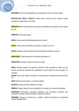 GLOSARIO DE LENGUAJE ORAL
[Selecciona
  r fecha]


              RUNRUNEO: Sonido musical agradable y suave producido al cantar con la boca cerrada.


              RUPTURA DEL TONO O <GALLO>: Cambio brusco anormal del tono durante el habla,
              ascendente o descendente, o en el canto.


              SEMÁNTICA: Rama de la lingüística que estudia los significados de las palabras o de los signos
              (Op. Cit)


              SEMIÓTICA: Teoría de los signos.


              SEÑAL: Hecho producido artificialmente para servir de índice.


              SESEO: Trastorno de la articulación que consiste en cambiar <z> por <s>.


              SHOCK: Depresión súbita del sistema nervioso producida por accidente o emoción.


              SIGMATISMO: Trastorno general en la articulación del fonema <s>


              SIGNIFICADO: Concepto o idea que se asocia a un signo.


              SIGNO: Elemento portador de significado semántico. Índice convertido en señal, que por
              acuerdo convencional representa dos significados al mismo tiempo de forma simbólica. Es
              indivisible.
              SILABA: Sonido vocal, simple o articulado, en cuya producción se emplean una sola emisión de
              voz.

              SILBO: Sistema de comunicación por medio de silbidos.

              SILENCIO: Ausencia de sonido .Abstención de habla.

              SÍMBOLO: Imagen o figura con que se representa un concepto, por convención o semejanza

              SINCINESIAS: Movimientos involuntarios asociados a los movimientos voluntarios .Son
              innecesarios, parásitos, inútiles. Normales en etapas de inmadurez.

              SÍNDROME: Conjunto de síntomas que coexisten y definen clínicamente una enfermedad
              .Cursan interrelacionados.
 