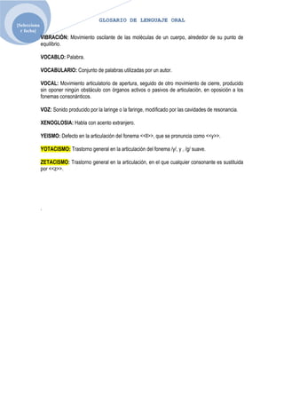 GLOSARIO DE LENGUAJE ORAL
[Selecciona
  r fecha]
              VIBRACIÓN: Movimiento oscilante de las moléculas de un cuerpo, alrededor de su punto de
              equilibrio.

              VOCABLO: Palabra.

              VOCABULARIO: Conjunto de palabras utilizadas por un autor.

              VOCAL: Movimiento articulatorio de apertura, seguido de otro movimiento de cierre, producido
              sin oponer ningún obstáculo con órganos activos o pasivos de articulación, en oposición a los
              fonemas consonánticos.

              VOZ: Sonido producido por la laringe o la faringe, modificado por las cavidades de resonancia.

              XENOGLOSIA: Habla con acento extranjero.

              YEISMO: Defecto en la articulación del fonema <<ll>>, que se pronuncia como <<y>>.

              YOTACISMO: Trastorno general en la articulación del fonema /y/, y , /g/ suave.

              ZETACISMO: Trastorno general en la articulación, en el que cualquier consonante es sustituida
              por <<z>>.




              .
 