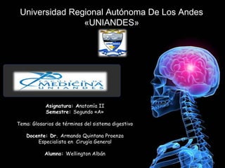 Universidad Regional Autónoma De Los Andes
«UNIANDES»
Asignatura: Anatomía II
Semestre: Segundo «A»
Tema: Glosarios de términos del sistema digestivo
Docente: Dr. Armando Quintana Proenza
Especialista en Cirugía General
Alumno: Wellington Albán
 