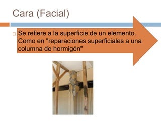 Cara (Facial)
   Se refiere a la superficie de un elemento.
    Como en "reparaciones superficiales a una
    columna de hormigón"
 