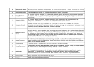 38 Reducción de riesgos Acciones tomadas para reducir la probabilidad , las consecuencias negativas, o ambas, en relación con un riesgo
39 Respuesta a riesgos Los medios a través del cual una empresa decide gestionar riesgos individuales
40 Riesgo Cambiario
Es un riesgo financiero asociado a la fluctuación en el tipo de cambio de una divisa respecto a otra. Este riesgo
ha de ser asumido por aquellos inversores y compañías cuyas inversiones y negocios impliquen un intercambio
entre divisas.
41 Riesgo de Crédito
Es la posible pérdida que asume un agente económico como consecuencia del incumplimiento de las
obligaciones contractuales que incumben a las contrapartes con las que se relaciona.
42 Riesgo de Mercado
También conocido como riesgo sistemático, es el riesgo de que el valor de un portafolio (de inversión o
comercial) disminuya debido a cambios en valor de los factores de riesgo del mercado (como las tasas de interés
o el tipo de cambio), las cuáles determinan su precio o valor final.
43
Riesgo de Tipo de
Interés
El riesgo de que el valor de títulos de renta fija (bonos, obligaciones, préstamos, etc.) vaya a cambiar debido a un
cambio en el nivel absoluto del tipo de interés, en el diferencial dos tipos de interés, en la curva de rendimiento o
en cualquier otro aspecto relacionado con los tipos de interés. Estos cambios suelen afectar a los valores de
forma inversa, ante un aumento de tipos de interés disminuye el precio del título y viceversa, y se puede reducir
mediante la diversificación o con estrategias de cobertura.
44 Riesgo Financiero
Es un término amplio utilizado para referirse al riesgo asociado a cualquier forma de financiación. El riesgo
puede se puede entender como posibilidad de que los beneficios obtenidos sean menores a los esperados o de
que no hay un retorno en absoluto.
45 Riesgo Laboral Posibilidad de que el trabajador sufre un determinado daño derivado del trabajo
46 Riesgo Operacional
Derivada de la ejecución de las actividades propias de una empresa o de comercio. Incluye una amplia variedad
de factores como los relativos al personal, riesgo de fraude o debidos al entorno
47 Riesgo País
Es el riesgo asociado a una inversión derivado únicamente de factores concretos y específicos de un país
determinado. En este sentido, se puede entender que el riesgo país es el riesgo medio asociado a las
inversiones realizado en un país en concreto. Mide en el tono político, económico, seguridad pública, etc.
48 Riesgo residual Riesgo remanente después e tratamiento del riesgo
49 Riesgos Efecto de incertidumbre sobre los objetivos
 