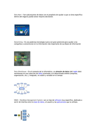 Data Mart = Son subconjuntos de datos con el propósito de ayudar a que un área específica
dentro del negocio pueda tomar mejores decisiones




Datamining = Es una poderosa tecnología nueva con gran potencial para ayudar a las
compañías a concentrarse en la información más importante de sus Bases de Información




Data Warehouse = En el contexto de la informática, un almacén de datos (del inglés data
warehouse) es una colección de datos orientada a un determinado ámbito (empresa,
organización, etc.), integrado, no volátil y variable en el tiempo




DBMS = DataBase Management System: son un tipo de software muy específico, dedicado a
servir de interfaz entre la base de datos, el usuario y las aplicaciones que la utilizan.
 