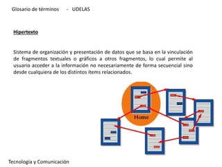 Hipertexto
Sistema de organización y presentación de datos que se basa en la vinculación
de fragmentos textuales o gráficos a otros fragmentos, lo cual permite al
usuario acceder a la información no necesariamente de forma secuencial sino
desde cualquiera de los distintos ítems relacionados.
Tecnología y Comunicación
Glosario de términos - UDELAS
 