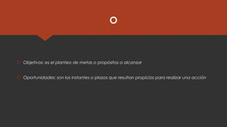 O
 Objetivos: es el planteo de metas o propósitos a alcanzar
 Oportunidades: son los instantes o plazos que resultan propicios para realizar una acción
 