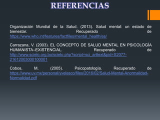 Organización Mundial de la Salud. (2013). Salud mental: un estado de
bienestar. Recuperado de
https://www.who.int/features/factfiles/mental_health/es/
Carrazana, V. (2003). EL CONCEPTO DE SALUD MENTAL EN PSICOLOGÍA
HUMANISTA–EXISTENCIAL. Recuperado de
http://www.scielo.org.bo/scielo.php?script=sci_arttext&pid=S2077-
21612003000100001
Cobos, M. (2005). Psicopatología. Recuperado de
https://www.uv.mx/personal/yvelasco/files/2016/02/Salud-Mental-Anormalidad-
Normalidad.pdf
 