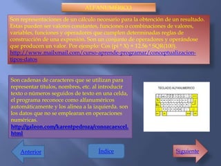 ALFANUMÉRICO.

Son representaciones de un cálculo necesario para la obtención de un resultado.
Estas pueden ser valores constantes, funciones o combinaciones de valores,
variables, funciones y operadores que cumplen determinadas reglas de
construcción de una expresión. Son un conjunto de operadores y operándose
que producen un valor. Por ejemplo: Cos (pi * X) + 12.56 * SQR(100).
http://www.mailxmail.com/curso-aprende-programar/conceptualizacion-
tipos-datos


Son cadenas de caracteres que se utilizan para
representar títulos, nombres, etc. al introducir
texto o números seguidos de texto en una celda,
el programa reconoce como alfanuméricos
automáticamente y los alinea a la izquierda. son
los datos que no se emplearan en operaciones
numéricas.
http://galeon.com/karentpedroza/conozcaexcel.
html


    Anterior                       Índice                          Siguiente
 