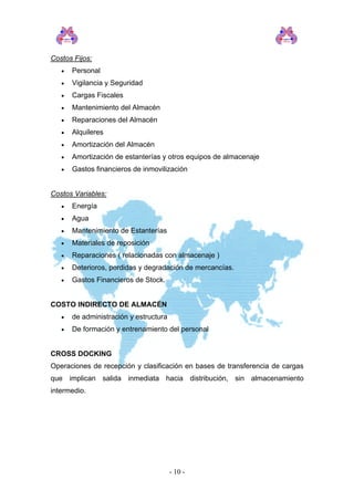 Costos Fijos:
• Personal
• Vigilancia y Seguridad
• Cargas Fiscales
• Mantenimiento del Almacén
• Reparaciones del Almacén
• Alquileres
• Amortización del Almacén
• Amortización de estanterías y otros equipos de almacenaje
• Gastos financieros de inmovilización
Costos Variables:
• Energía
• Agua
• Mantenimiento de Estanterías
• Materiales de reposición
• Reparaciones ( relacionadas con almacenaje )
• Deterioros, perdidas y degradación de mercancías.
• Gastos Financieros de Stock.
COSTO INDIRECTO DE ALMACÉN
• de administración y estructura
• De formación y entrenamiento del personal
CROSS DOCKING
Operaciones de recepción y clasificación en bases de transferencia de cargas
que implican salida inmediata hacia distribución, sin almacenamiento
intermedio.
- 10 -
 