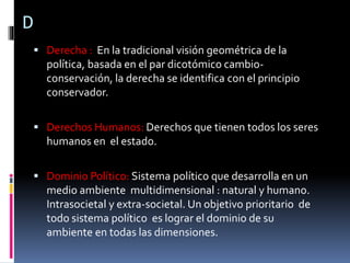 D
 Derecha : En la tradicional visión geométrica de la
política, basada en el par dicotómico cambio-
conservación, la derecha se identifica con el principio
conservador.
 Derechos Humanos: Derechos que tienen todos los seres
humanos en el estado.
 Dominio Político: Sistema político que desarrolla en un
medio ambiente multidimensional : natural y humano.
Intrasocietal y extra-societal. Un objetivo prioritario de
todo sistema político es lograr el dominio de su
ambiente en todas las dimensiones.
 
