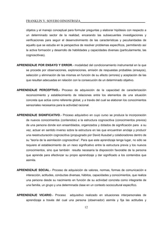 FRANKLIN V. SOVERO HINOSTROZA_________________________________________
12
objetos y el manejo conceptual para formular preguntas y elaborar hipótesis con respecto a
un determinado sector de la realidad, encarando las subsecuentes investigaciones y
verificaciones para seguir el desenvolvimiento de las características y peculiaridades de
aquello que se estudia en la perspectiva de resolver problemas específicos, permitiendo así
la activa formación y desarrollo de habilidades y capacidades diversas (particularmente, las
cognoscitivas).
APRENDIZAJE POR ENSAYO Y ERROR.- modalidad del condicionamiento instrumental en la que
se procede por observaciones, exploraciones, emisión de respuestas probables (ensayos),
selección y eliminación de las mismas en función de su efecto (errores) y aceptación de las
que resultan adecuadas en relación con la consecución de un determinado objetivo.
APRENDIZAJE PERCEPTIVO.- Proceso de adquisición de la capacidad de caracterización
reconocimiento y establecimiento de relaciones entre los elementos de una situación
concreta que actúa como referente global, y a través del cual se elaboran los conocimientos
sensoriales necesarios para la actividad racional.
APRENDIZAJE SIGNIFICATIVO.- Proceso adquisitivo en cuyo curso se produce la incorporación
de nuevos conocimientos (contenidos) a la estructura cognoscitiva (conocimientos previos)
de una persona donde son ensamblados, organizados y dotados de significación para a su
vez, actuar en sentido inverso sobre la estructura en las que encuentran anclaje y producir
una reestructuración cognoscitiva (propugnado por David Ausubel y colaboradores dentro de
su “teoría de la asimilación cognoscitiva”. Para que este aprendizaje tenga lugar, no sólo se
requiere el establecimiento de un nexo significativo entre la estructura previa y los nuevos
conocimientos, sino que también resulta necesaria la disposición favorable de la persona
que aprende para efectivizar su propio aprendizaje y dar significado a los contenidos que
asimila.
APRENDIZAJE SOCIAL.- Proceso de adquisición de valores, normas, formas de comunicación e
interacción, actitudes, conductas diversas, hábitos, capacidades y conocimientos, que realiza
una persona desde su nacimiento en función de su actividad concreta como integrante de
una familia, un grupo y una determinada clase en un contexto sociocultural específico.
APRENDIZAJE VICARIO.- Proceso adquisitivo realizado en situaciones interpersonales de
aprendizaje a través del cual una persona (observador) asimila y fija las actitudes y
 