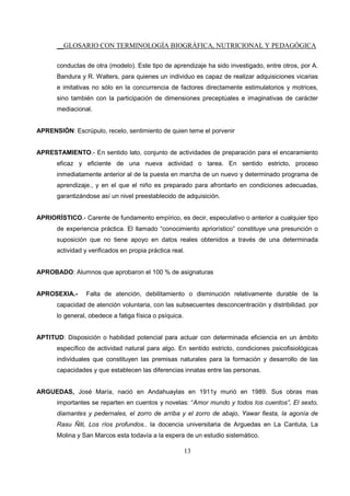 __GLOSARIO CON TERMINOLOGÍA BIOGRÁFICA, NUTRICIONAL Y PEDAGÓGICA
13
conductas de otra (modelo). Este tipo de aprendizaje ha sido investigado, entre otros, por A.
Bandura y R. Walters, para quienes un individuo es capaz de realizar adquisiciones vicarias
e imitativas no sólo en la concurrencia de factores directamente estimulatorios y motrices,
sino también con la participación de dimensiones preceptúales e imaginativas de carácter
mediacional.
APRENSIÓN: Escrúpulo, recelo, sentimiento de quien teme el porvenir
APRESTAMIENTO.- En sentido lato, conjunto de actividades de preparación para el encaramiento
eficaz y eficiente de una nueva actividad o tarea. En sentido estricto, proceso
inmediatamente anterior al de la puesta en marcha de un nuevo y determinado programa de
aprendizaje., y en el que el niño es preparado para afrontarlo en condiciones adecuadas,
garantizándose así un nivel preestablecido de adquisición.
APRIORÍSTICO.- Carente de fundamento empírico, es decir, especulativo o anterior a cualquier tipo
de experiencia práctica. El llamado “conocimiento apriorístico” constituye una presunción o
suposición que no tiene apoyo en datos reales obtenidos a través de una determinada
actividad y verificados en propia práctica real.
APROBADO: Alumnos que aprobaron el 100 % de asignaturas
APROSEXIA.- Falta de atención, debilitamiento o disminución relativamente durable de la
capacidad de atención voluntaria, con las subsecuentes desconcentración y distribilidad. por
lo general, obedece a fatiga física o psíquica.
APTITUD: Disposición o habilidad potencial para actuar con determinada eficiencia en un ámbito
específico de actividad natural para algo. En sentido estricto, condiciones psicofisiológicas
individuales que constituyen las premisas naturales para la formación y desarrollo de las
capacidades y que establecen las diferencias innatas entre las personas.
ARGUEDAS, José María, nació en Andahuaylas en 1911y murió en 1989. Sus obras mas
importantes se reparten en cuentos y novelas: “Amor mundo y todos los cuentos”, El sexto,
diamantes y pedernales, el zorro de arriba y el zorro de abajo, Yawar fiesta, la agonía de
Rasu Ñiti, Los ríos profundos.. la docencia universitaria de Arguedas en La Cantuta, La
Molina y San Marcos esta todavía a la espera de un estudio sistemático.
 