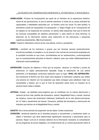 __GLOSARIO CON TERMINOLOGÍA BIOGRÁFICA, NUTRICIONAL Y PEDAGÓGICA
15
ASIMILACIÓN.- Proceso de incorporación por parte de un individuo de la experiencia histórico-
social de las generaciones, lo que le permite reproducir a través de su propia actividad las
capacidades y habilidades adquiridas por el hombre como ser social. En este sentido, la
asimilación puede ser equiparada a la apropiación. 2. Según Piaget, es la “incorporación de
los objetos en los esquemas de conducta, no siendo tales esquemas más que la trama de
las acciones susceptibles de repetirse activamente” o, para decirlo en otros términos, la
absorción de la información exterior para subsumirla en las estructuras y esquemas
cognitivos preexistentes. (Ver Acomodación)
ASMA: Trastorno inflamatorio crónico de las vías aéreas, crónico y persistente.
ASOCIAL.- condición de los individuos o grupos que por diversas razones (particularmente,
económico-sociales) no aceptan o no se avienen a las normas de convivencia aceptadas por
la sociedad concreta en que viven, convirtiéndose así en autoexcluídos y automarginados
que no necesariamente perturban el discurrir colectivo, pero que evitan deliberadamente la
interacción social establecida.
ASPIRACIÓN: Conjunto de objetivos o fines que se propone alcanzar un individuo y acción de
ambicionar un objeto particularmente deseable. Exige la elaboración de una actitud
pertinente y el despliegue conductual respectivo para su logro. NIVEL DE ASPIRACIÓN.-
fue introducido el término por Kurt Lewin para designar la estimación subjetiva que realiza
una persona en relación con los progresos que debe conseguir para satisfacer mejor sus
necesidades y deseos, por lo que el nivel de aspiración actúa como un impulsor de la
persona hacia metas e ideales.
ASTENIA.- Estado de debilidad psico-orgánica que se manifiesta con la notoria disminución o
carencia de tono vital, pérdida del entusiasmo, lasitud, fatigabilidad física y mental, carencia
de iniciativa, merma del rendimiento intelectual, lentificación de la vida afectivo-emocional,
etc. 2. Falta o decaimiento de fuerzas. Cansancio, pérdida del entusiasmo y disminución de
impulsos que deriven en la fatigabilidad física y mental.
ASUETO: Día o breve período de suspensión de las clases. Cortas vacaciones
ATENCIÓN.- tendencia selectiva de la actividad psíquica a concentrarse y mantenerse sobre un
objeto o fenómeno que tiene determinada significación situacional o permanente para la
persona. Según Luria es el “proceso selectivo de la información necesaria, la consolidación
de los programas de acción elegibles y el mantenimiento de un control permanente sobre el
 