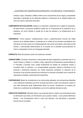 __GLOSARIO CON TERMINOLOGÍA BIOGRÁFICA, NUTRICIONAL Y PEDAGÓGICA
25
símbolo o signo. Shardokov (1968) lo define como conocimiento de los rasgos y propiedades
esenciales y generales de los diferentes objetivos y fenómenos de la realidad objetiva así
como los nexos y relaciones entre ellos.
COMPONENTE DE EVALUACIÓN: designa a un elemento o segmento de un objeto de evaluación.
De esta manera, el personal académico puede ser un componente de la evaluación de un
programa, así como también lo puede ser el plan de estudios o la infraestructura de la
evaluación.
CONCIENCIA.- Forma superior, cualitativamente nueva y específicamente humana del reflejo
psíquico de la realidad objetiva, constituida por la unidad de los procesos psicológicos que
intervienen de modo activo en la intelectualización del mundo circundante y del propio ser del
hombre, y estructurada históricamente en el proceso de la actividad socio-productiva en
íntimo e inseparable vínculo con el lenguaje articulado.
CONDUCTA: Modo de portarse; acción de conducirse, proceder.
CONDUCTISMO.- Corriente mecanicista y reduccionista de base pragmática y positivista que en su
versión clásica (j. Watson. K. Lashley y otros), siguiendo los lineamientos experimentales de
E Thorndike y tomando como unidad fundamental de análisis de correlación directa o
inmediata entre un estímulo y su correspondiente respuesta, postula la identidad de los
procesos y fenómenos psíquicos con meras reacciones somáticas, la reducción de la
conciencia a las acciones externas que conforman la conducta (concebida como conjunto de
respuestas inmediatas a estimulaciones específicas.
CONFIABLIDAD: Grado de consistencia en los instrumentos aplicados, las puntuaciones obtenidas
y las mediciones realizadas que sirven de base para llevar a cabo una evaluación, grado en
que estos elementos están relativamente libres de errores. Usualmente, se expresa por
medio de un coeficiente de confiabilidad o por el error estándar derivado de éste.
CONFLICTO COGNITIVO: Dificultad interna, que surge del alumno, supone una confrontación entre
la información que recibe y la información que ya poseía. Implica – como precisa Martiniano
Román – una contraposición entre lo nuevo que aprende y las estructuras y esquemas
previos que ya se poseen.
 