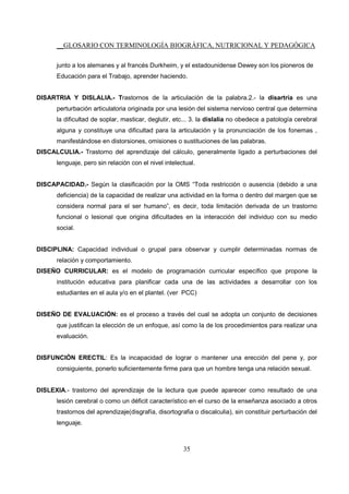 __GLOSARIO CON TERMINOLOGÍA BIOGRÁFICA, NUTRICIONAL Y PEDAGÓGICA
35
junto a los alemanes y al francés Durkheim, y el estadounidense Dewey son los pioneros de
Educación para el Trabajo, aprender haciendo.
DISARTRIA Y DISLALIA.- Trastornos de la articulación de la palabra.2.- la disartria es una
perturbación articulatoria originada por una lesión del sistema nervioso central que determina
la dificultad de soplar, masticar, deglutir, etc... 3. la dislalia no obedece a patología cerebral
alguna y constituye una dificultad para la articulación y la pronunciación de los fonemas ,
manifestándose en distorsiones, omisiones o sustituciones de las palabras.
DISCALCULIA.- Trastorno del aprendizaje del cálculo, generalmente ligado a perturbaciones del
lenguaje, pero sin relación con el nivel intelectual.
DISCAPACIDAD.- Según la clasificación por la OMS “Toda restricción o ausencia (debido a una
deficiencia) de la capacidad de realizar una actividad en la forma o dentro del margen que se
considera normal para el ser humano”, es decir, toda limitación derivada de un trastorno
funcional o lesional que origina dificultades en la interacción del individuo con su medio
social.
DISCIPLINA: Capacidad individual o grupal para observar y cumplir determinadas normas de
relación y comportamiento.
DISEÑO CURRICULAR: es el modelo de programación curricular específico que propone la
institución educativa para planificar cada una de las actividades a desarrollar con los
estudiantes en el aula y/o en el plantel. (ver PCC)
DISEÑO DE EVALUACIÓN: es el proceso a través del cual se adopta un conjunto de decisiones
que justifican la elección de un enfoque, así como la de los procedimientos para realizar una
evaluación.
DISFUNCIÓN ERECTIL: Es la incapacidad de lograr o mantener una erección del pene y, por
consiguiente, ponerlo suficientemente firme para que un hombre tenga una relación sexual.
DISLEXIA.- trastorno del aprendizaje de la lectura que puede aparecer como resultado de una
lesión cerebral o como un déficit característico en el curso de la enseñanza asociado a otros
trastornos del aprendizaje(disgrafía, disortografia o discalculia), sin constituir perturbación del
lenguaje.
 