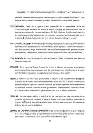 __GLOSARIO CON TERMINOLOGÍA BIOGRÁFICA, NUTRICIONAL Y PEDAGÓGICA
39
psíquicas y morales del educando en un contexto sociocultural histórico y concreto.2.- Es la
serie de actos que realiza el docente que den a los alumnos la posibilidad de aprender.
EPISTEMOLOGÍA: Teoría de la ciencia. Parte inseparable de la gnoseología (teoría del
conocimiento) que se ocupa del estudio y análisis crítico de los fundamentos en que se
asientan y construyen las ciencias particulares. Es decir, disciplina filosófica que trata sobre
los principios generales, las categorías, los conceptos esenciales, las hipótesis y las leyes de
la ciencia. 2.- Realiza el estudio teórico de la ciencia, de sus métodos y de su valor.
EPISTEMOLOGÍA GENÉTICA.- Introducido por Piaget para designar un proceso que caracterizaría
de modo universal el progreso del conocimiento (es decir, el paso de un conocimiento dado a
otro más ajustado y mejor estructurado) a través del tránsito por cuatro grandes períodos:
sensoriomotriz, preoperatorio, operacional-concreto y operativo-formal (racional-abstracto).
EQUILIBRACIÓN: Proceso de adaptación y autorregulación. Es factor fundamental para aplicar el
desarrollo intelectual.
ERRORES: En el marco del Nuevo Enfoque, los errores o fallas de los alumnos se consideran
elementos positivos, que constituyen parte del aprendizaje, pues retroalimentan el proceso,
permitiendo la reelaboración conceptual y la reestructuración de la acción.
ESCUELA: Institución de enseñanza que funciona de acuerdo a los requerimientos ideológicos-
culturales de un sistema educacional determinado, el cual a su vez se asienta en estructuras
económicosociales y políticas histórico-concretas, en sentido específico comunidad formada
por maestros, alumnos y personal auxiliar que se dedica concretamente a tareas educativas.
2.- Establecimiento de enseñanza, generalmente para el de la primera enseñanza.
ESQUEMA: Representación gráfica o simbólica de las características más relevantes de un
contenido y/o subtema, mediante el trazo de líneas o símbolos. Mediante esquemas se
ordenan gráficamente conceptos y características del tema a aprender, pero de manera más
sintética que los cuadros sinópticos.
ESTADIO DE LAS OPERACIONES CONCRETAS: tercer período del desarrollo cognitivo según la
teoría de J. Piaget, período que generalmente el alumno esta entre los siete y once años.
Este estadio se caracteriza por un pensamiento crecientemente lógico.
 