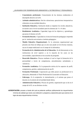 __GLOSARIO CON TERMINOLOGÍA BIOGRÁFICA, NUTRICIONAL Y PEDAGÓGICA
5
- Conocimiento profesional.- Conocimiento de las técnicas conducentes al
desempeño directivo en la IE.
- Actitudes administrativas.- Son las valoraciones, apreciaciones interpretativas
coherentes en una realidad educativa.
- Institución Educativa.- Institución donde se imparten los niveles educativos,
en nuestro caso el nivel secundario para los alumnos de 11 a 16 años.
- Rendimiento Académico.- Capacidad, logro de los objetivos y aprendizajes
que posee el alumno en la IE.
- Formación Docente.- Capacidad en el área de formación pedagógica impartida
por la institución universitaria o instituto pedagógico.
- Modelo Educativo Organizacional.- Es la estructura organizacional que
presenta una línea de trabajo que en este caso puede ser de diversas maneras,
sea en al campo tradicional o en el campo de la informática.
- Formación de la Administración de la Educación.- Se da básicamente en las
instituciones de nivel superior y en la mayoría de los casos en las
universidades, especialmente en las escuelas de postgrado.
- Desarrollo Educativo.- Proceso mediante el cual se logra la formación de la
personalidad a través de competencias, procedimientos actitudinales y
valorativos.
- Formación Académica.- Es la preparación teórica de los aspectos de perfil,
competencias, gestión y administración de una IE.
- Formación Profesional.- Capacitación que debe poseer un profesional de la
educación, obteniendo el Título Profesional de Licenciado en Educación.
- Liderazgo.- Es la aceptación, la internalización y el carisma que posee el
docente en el contexto de la localidad donde labora.
- Administración Educativa.- Proceso de gestión, organización que se da en el
campo de la IE. en sus distintos niveles.
ACREDITACIÓN: proceso a través del cual se pretende certificar públicamente los requerimientos
mínimos de calidad que reúne una institución o programa y asesorarla para que avance en el
logro de esos requerimientos mínimos.
 