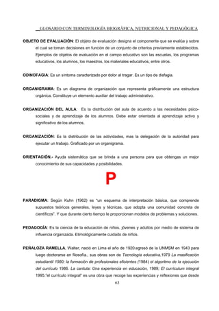 __GLOSARIO CON TERMINOLOGÍA BIOGRÁFICA, NUTRICIONAL Y PEDAGÓGICA
63
OBJETO DE EVALUACIÓN: El objeto de evaluación designa el componente que se evalúa y sobre
el cual se toman decisiones en función de un conjunto de criterios previamente establecidos.
Ejemplos de objetos de evaluación en el campo educativo son las escuelas, los programas
educativos, los alumnos, los maestros, los materiales educativos, entre otros.
ODINOFAGIA: Es un síntoma caracterizado por dolor al tragar. Es un tipo de disfagia.
ORGANIGRAMA: Es un diagrama de organización que representa gráficamente una estructura
orgánica. Constituye un elemento auxiliar del trabajo administrativo.
ORGANIZACIÓN DEL AULA: Es la distribución del aula de acuerdo a las necesidades psico-
sociales y de aprendizaje de los alumnos. Debe estar orientada al aprendizaje activo y
significativo de los alumnos.
ORGANIZACIÓN: Es la distribución de las actividades, mas la delegación de la autoridad para
ejecutar un trabajo. Graficado por un organigrama.
ORIENTACIÓN.- Ayuda sistemática que se brinda a una persona para que obtengas un mejor
conocimiento de sus capacidades y posibilidades.
P
PARADIGMA: Según Kuhn (1962) es “un esquema de interpretación básica, que comprende
supuestos teóricos generales, leyes y técnicas, que adopta una comunidad concreta de
científicos”. Y que durante cierto tiempo le proporcionan modelos de problemas y soluciones.
PEDAGOGÍA: Es la ciencia de la educación de niños, jóvenes y adultos por medio de sistema de
influencia organizada. Etimológicamente cuidado de niños.
PEÑALOZA RAMELLA, Walter, nació en Lima el año de 1920.egresó de la UNMSM en 1943 para
luego doctorarse en filosofía., sus obras son de Tecnología educativa,1979 La masificación
estudiantil 1980; la formación de profesionales eficientes (1984) el algoritmo de la ejecución
del currículo 1986. La cantuta: Una experiencia en educación, 1989; El currículum integral
1995.”el currículo integral” es una obra que recoge las experiencias y reflexiones que desde
 