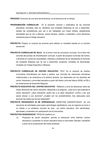 FRANKLIN V. SOVERO HINOSTROZA_________________________________________
66
PROCESO: Evolución de una serie de fenómenos, en el transcurso de un tiempo.
PROGRAMACIÓN CURRICULAR: Es la previsión racional y sistemática de las acciones
educativas concretas, esto es, identificar que Unidades Didácticas se van a desarrollar,
señalar las competencias que van a ser trabajadas con mayor énfasis, establecerlas
actividades que se van a efectuar, prever tiempos, medios y materiales y otros elementos
necesarios para el trabajo educativo.
PROYECTO: Prepara un conjunto de acciones para obtener un resultado basado en un proceso
secuencial.
PROYECTO CURRICULAR DE AULA: Es el tercer nivel de concreción curricular. Es la fase mas
concreta del proceso de diversificación curricular. A partir del proyecto Curricular del Centro,
y teniendo en cuenta las necesidades, intereses y problemas de los estudiantes se formulan
las Unidades Didáctica que se van a desarrollar; proyectos, Unidades de Aprendizaje,
Unidades de Trabajo Específico o Módulos.
PROYECTO CURRICULAR DE CENTRO EDUCATIVO: “PCC” Es el conjunto de diseños
curriculares diversificados por áreas y grados, que concreta las intenciones educativas
institucionales y da coherencia a la práctica docente, son elaborados por los docentes del
centro, directores y comunidad educativa a partir del diseño curricular básico (DCB), el PDI y
los lineamientos de Desarrollo Regional.
PROYECTO EDUCATIVO DEL CENTRO EDUCATIVO: Reflexión y toma de decisiones sobre las
líneas directrices del centro educativo. Responde a la pregunta ¿Qué es lo que pretende el
centro educativo? ¿Qué orientación quiere dar a su labor educativa? ¿Cómo y por que
quiere educar a sus alumnos? ¿Cuáles son los procedimientos mas adecuados para
alcanzar las metas que se han destacado?.
PROYECTO PEDAGÓGICO (O DE APRENDIZAJE): ASPECTOS CONCEPTUALES Es una
secuencia de actividades para lograr aprendizajes significativos, que se organiza en torno a
un interés o un problema concreto de aula y/o centro educativo. Son planificadas,
ejecutadas y evaluadas con participación de los educandos.
PROYECTOS PEDAGÓGICOS: TIPOS Se clasifican en:
a) Proyectos de acción educativa: permite la interacción entre distintos centros
educativos y proyecten su acción educativa hacia la comunidad. Ejemplo: campañas
a favor de la conservación del medio ambiente.
 