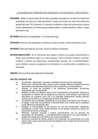 __GLOSARIO CON TERMINOLOGÍA BIOGRÁFICA, NUTRICIONAL Y PEDAGÓGICA
71
RESUMEN: Relato o versión breve de las ideas principales expuestas en un texto y/o material de
aprendizaje. Es como una “vista panorámica”, puesto que brinda una visión de la estructura
general del texto. Por lo general, un resumen se elabora en forma de prosa escrita, aunque
puede representarse con ciertos apoyos gráficos (llaves, cuadros sinópticos, redes o mapas
semánticos, etc).
RETARDO: Retraso en el aprendizaje, o en comprender algo.
RETIRADO: Alumnos. Que abandonan el sistema, por salud, muerte, motivos económicos, otros.
RETRASO: Dejar para después una cosa, acción de retrasar o retrasarse.
RETROALIMENTACIÓN: Es la información que regresa o retorna a su propio funcionamiento o
fuente, para someterse luego a un nuevo proceso, y que le permite mantener, aumentar,
modificar y cambiar sus operaciones, procedimientos, técnicas, etc. La retroalimentación
ocurre también cuando se proporciona la información a un alumno sobre la calidad de su
educación.
RINCON: Zona de interés adecuadamente ambientado.
ROL DEL DOCENTE: HOY
a) Coordinador, organizador, orientador y facilitador del proceso de aprendizaje.
b) Actuar como “puente” del saber, es decir como mediador afectivo y cognitivo entre los
educandos y los materiales educativos, entre sus alumnos y el conocimiento.
c) Generar un clima de confianza y de relaciones democráticas, sumamente
motivadores para el aprendizaje.
d) Realizar su labor con alegría y buen humor, demostrando comprensión, tolerancia y
satisfacción en relación con el trabajo de sus alumnos. Esta probado, que todos los
educandos se muestran como son y se expresan abiertamente cuando perciben
autentica la confianza y la acogida que le ofrece el docente.
e) Comprende que el verdadero aprendizaje no se produce a la fuerza ni por el temor o
el castigo, ni por afán de aprobación o reconocimiento, sino cuando hay un verdadero
y real interés por comprender algo.
f) Respetar la individualidad de los alumnos en sus tres dimensiones: Biológicos,
psicológicos y social. Poner énfasis siempre en los meritos, esfuerzos y logros, por
encima de los errores y fracasos.
g) Planificar, organizar, ejecutar y evaluar conjuntamente con los alumnos las
actividades de aprendizaje, y simultáneamente proporcionar las oportunidades y
facilitar los medios para que realicen sus propias actividades.
h) Promover la practica de valores, predicar con el ejemplo, ser consecuente con lo que
piensa, dice y actúa, para que los alumnos tengan en el la imagen de una persona en
quien confiar.
 
