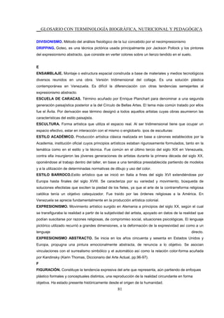__GLOSARIO CON TERMINOLOGÍA BIOGRÁFICA, NUTRICIONAL Y PEDAGÓGICA
81
DIVISIONISMO. Método del análisis fisiológico de la luz concebido por el neoimpresionismo
DRIPPING. Goteo, es una técnica pictórica usada principalmente por Jackson Pollock y los pintores
del expresionismo abstracto, que consiste en verter colores sobre un lienzo tendido en el suelo.
E
ENSAMBLAJE. Montaje o estructura espacial construida a base de materiales y medios tecnológicos
diversos reunidos en una obra. Versión tridimensional del collage. Es una solución plástica
contemporánea en Venezuela. Es difícil la diferenciación con otras tendencias semejantes al
expresionismo abstracto.
ESCUELA DE CARACAS. Término acuñado por Enrique Planchart para denominar a una segunda
generación paisajística posterior a la del Círculo de Bellas Artes. El tema más común tratado por ellos
fue el Ávila. Por derivación ese término designó a todos aquellos artistas cuyas obras asumieron las
características del estilo paisajista.
ESCULTURA. Forma artística que utiliza el espacio real. Al ser tridimensional tiene que ocupar un
espacio efectivo, estar en interacción con el mismo o englobarlo. ipos de esculturas:
ESTILO ACADÉMICO. Producción artística clásica realizada en base a cánones establecidos por la
Academia, institución oficial cuyos principios artísticos estaban rigurosamente formulados, tanto en la
temática como en el estilo y la técnica. Fue común en el último tercio del siglo XIX en Venezuela,
contra ella insurgieron las jóvenes generaciones de artistas durante la primera década del siglo XX,
oponiéndose al trabajo dentro del taller, en base a una temática preestablecida partiendo de modelos
y a la utilización de determinadas normativas de dibujo y uso del color.
ESTILO BARROCO.Estilo artístico que se inició en Italia a fines del siglo XVI extendiéndose por
Europa hasta finales del siglo XVIII. Se caracteriza por su variedad y movimiento, búsqueda de
soluciones efectistas que exciten la piedad de los fieles, ya que el arte de la contrarreforma religiosa
católica tenía un objetivo catequizador. Fue traído por las órdenes religiosas a la América. En
Venezuela se aprecia fundamentalmente en la producción artística colonial.
EXPRESIONISMO. Movimiento artístico surgido en Alemania a principios del siglo XX, según el cual
se transfiguraba la realidad a partir de la subjetividad del artista, apoyado en datos de la realidad que
podían suscitarse por razones religiosas, de compromiso social, situaciones psicológicas. El lenguaje
pictórico utilizado recurrió a grandes dimensiones, a la deformación de la expresividad así como a un
lenguaje directo.
EXPRESIONISMO ABSTRACTO. Se inicia en los años cincuenta y sesenta en Estados Unidos y
Europa, propugna una pintura emocionalmente abstracta, de renuncia a lo objetivo. Se asocian
vinculaciones con el surrealismo simbólico y el automático así como la relación color-forma acuñada
por Kandinsky (Karin Thomas, Diccionario del Arte Actual, pp.96-97).
F
FIGURACIÓN. Constituye la tendencia expresiva del arte que representa, aún partiendo de enfoques
plástico formales y conceptuales distintos, una reproducción de la realidad circundante en forma
objetiva. Ha estado presente históricamente desde el origen de la humanidad.
 
