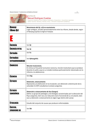Glosario General – Fundamentos de Medicina Oriental                                                                 5




DONGQI                         Movimiento del Qi, o Qi en movimiento
                               Lugar ambiguo, situado aproximadamente entre los riñones, desde donde, según
(DONG QI)                      el Nanjing (cap.8) se origina el Sanjiao




E
ENERGÍA                        Ver:Qi

ENERGÍA VITAL                  Ver Qi

                               Ver Fu
ENTRAÑA
ENTRAÑAS                       Ver Qihengzhifu
EXTRAORDINARIAS

ENURESIS                       Micción involuntaria.
                               En clínica es frecuente la enuresis nocturna, micción involuntaria que se produce
                               durante el sueño y que es un estado morboso particularmente relacionado con la
                               infancia y la adolescencia

                               Ver Jing
ESENCIA
ESTASIS                        Detención, estancamiento
                               Representa una disfunción en la circulación, con detención o disminución de la
                               velocidad. En MTC estudiamos la estasis sanguínea

ESTASIS                        Detención o estancamiento de Xue (Sangre)
SANGUÍNEA                      Define un grupo de patologías y de etiologías caracterizadas por la alteración del
                               flujo sanguíneo, bien sea una reducción (real o funcional) de su circulación, bien
                               sea su detención o estancamiento en algún lugar dentro del cuerpo


ETIOLOGÍA                      Estudio del conjunto de causas que producen enfermedades

EXCESO,                        Ver Shi
SÍNDROME DE



® Manuel Rodríguez                                            Glosario General – Fundamentos de Medicina Oriental
 