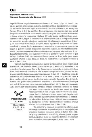 1 Sam 2:22-23,
310; 15'1,4,14,
19-20,24
m
Oír
Expresión hebrea: shama
Número Concordancia Strong: 8085
Es probable que las palabras mas repetIdas en el A T sean "lOye, oh Israel!", pa-
labras que van antepuestas al Shema, mandamIento de DIOS para Israel entrega-
do por medIo de MOlses que deblan amarlo con todo su corazon, su alma y sus
fuerzas (Oeut 6 4-5) Lo que DIOS desea a traves de esta frase es algo mas que el
sImple acto de Olr lo que se Iba a deCIr Desea que qUIen oye, escuche atentamen-
te lo que se dICe, lo comprenda y lo haga El verbo shama puede sIgmficar senCI-
llamente "01r" o, segun el contexto o las preposICIones que lo acompañen, puede
seI escuchar, atender, obedecer o entender Eh, el anCIano sacerdote en 1 Sam
222, ayo acerca de las malas aCCIones de sus hIJOS frente a la puerta del taber-
naculo de reumon, donde servIan como sacerdotes, pero sm embargo no actuo
segun lo que ayo En vez de qUItarles su puesto sagrado, Eh solamente los amo-
nesto De esta manera estaba honrando mas a sus hIJOS que a DIOS (1 Sam 2 29)
Escuchar realmente a DIOS sIgmfica obedecer lo que se dIJO yayo o mcluso lo que
se leyo Los hIJOS de Eh oyeron (shama) la amonestaCIon de su padre, pero no es-
cucharon (shama) lo que deCIa, es decIr, no cambIaron de vIda para obedecer a
DIOS (! Sam 2 25)
Samuel, cuando era un muchacho, reCIblo la mdlcaclOn de EII de responder al
llamado de DIOS dICIendo "Habla, que tu SIervo oye" (1 Sam 8-10) Samuel escucho
y obedeCIo la palabra que DIOS le dIO Sm embargo, no sucedlO lo mIsmo con el rey
Saul Fue a traves de Samuel que DIOS le dIJO a Saul que escuchara (shama) sus ms-
trucCIones sobre la destrucCIon de los amalecItas (! Sam 15 1) Saul tema orden de
destruIrlos, sm compadecerse de nada nI de nadIe (! Sam 153) Saul no "ayo" a
DIOS, en el sentIdo de que no obedeCIo su santo mandato Samuel no deJO de hacerle
notar a Saul que no habla O1do la voz de Jehova El no habla obedeCIdo (shama) la
voz (qol) de DIOS SI bIen habla Oldo sus palabras (1 Sam 15 19) Saul Intento satIsfa-
cer a Jehova con una obedIenCIa a medIas OfreCIo sacnfiCIos a DIOS de los bIenes
que habIa conservado de los amalecItas, bIenes que debla
haber destruIdo (l Sam 20-22) Samuel condena las acCIO-
nes de Saul por haberse rebelado y desechado la palabra de
DIOS, y emplea la palabra shama para refenrse a la obedlen-
VERSíCULOS CIa a la palabra de DIOS (l Sam 1522-23) Como consecuen-
C LAVE CIa Saul pIerde su remo y debe admItIr que obedeCIo (shamtIl
a la voz del pueblo y no a DIOS (1 Sam 5 24)
01r, escuchar y entender son cosas Importantes, pero
DIOS eXIge obedIenCIa Hoyes el dIa para O1r el evangelIo yno
endurecer nuestros corazones contra el Señor (Heb 3151
OIr y luego obedecer es una dIfiCIl y a la vez grande respon-
sabIlIdad, pero es la que los creyentes debemos procurar con
amor verdadero y reverenCIa por el Señor (Apoc 322)
138
 