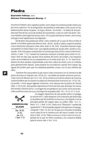 Gen 2822,
31 45,
Jos 46,
1 Sam 712
Piedra
Expresión hebrea: eben
Número Concordancia Strong: 68
El termmo hebreo eben sIgmfica pIedra pero segun el contexto puede traduCIrse
por roca o gramzo En la antlguedad, las pIedras se utIlIzaban como pesas en las
balanzas para pesar el grano el tngo y demas En Exodo 1 16 habla de dos pIe-
dras que haCIan las veces de pIedras de naCImIento, como un sIllon de parto Ser-
VIan tamblen para tapar los pozos (Gen 29 2) Ypara demarcar lImItes pero el uso
teologICo mas sIgmficatlvo era figurado
Jacob puso una pIedra por señal como sImbolo de la casa de DIOS en Bet-el
donde se le habla aparecIdo ]ehova (Gen 2822) Jacob y Laban engleron pIedras
como testlmomo del pacto entre ellos (Gen 31 48 NVI) El profeta Samuel englO
una pIedra y la llamo Eben-ezer que sIgmfica pIedra de ayuda (eben pIedra y ezer,
ayuda) HIZO esto para conmemorar la vICtona que DIOS le dIO a Israel sobre los fi-
lIsteos (1 Sam 7 12) Cuando los IsraelItas cruzaron el Jordan para entrar en Ca
naan, DIOS les dIJO que sacaran doce pIedras del lecho del Jordan y las engleran
como un recordatono en su campamento en la onlla oeste Uos 4 1 9) Este reCOr-
datono de doce pIedras representaba a las doce tnbus de Israel y era un sImbolo
para generaCIones futuras Estas pIedras les recordanan cuando DIOS separo las
aguas del Jordan para que los IsraelItas pudIeran cruzar con el arca delante de
ellos
Tamblen fue una pIedra la que SIrvIO como testlmomo en la ceremoma del
pacto de Josue en SIquem Uos 2426-27) Las tablas de pIedra sIrvIeron para es-
cnblr la ley de M01ses Uos 8 31-32) En la construcCIon de los altares de Israel se
usaron pIedras que no fueron tocadas por herramIentas humanas (Ex 2024-26)
La pIedra, Oroca segun algunas verSIOnes, mas famosa fue la pIedra de Oamel
(Dan 234,35,45) Esta pIedra representa el remo de DIOS que destruye los remos
del mundo y llena la tIerra La Imagen de una pIedra se usa vanas veces para des-
cnblr a]ehova como la roca y el refugIo de su pueblo (Sal 182,19 14,31 2,429)
La Imagen Impactante de una pIedra (lIthOS en gnego)
se usa en el NT para asegurar a los cnstlanos que Jesucnsto
es la pIedra que los hombres rechazaron y ha llegado a ser la
pnnCIpal pIedra del angula para su pueblo (Mar 12 1-11,
VERSíCULOS Hech 411 1 Ped 24-8) Cnsto es el "Ebenezer" o pIedra de
C LAVE ayuda del NT El es la pIedra angular (akrog6mmos en gnego,
comparar 1Ped 26, Isa 28 16) que nos conVIerte en pIedras
VIvas como El en la construcCIon del nuevo templo VIVO de
DIOS (1 Ped 2 4-8) Pablo reconoce a Cnsto como la roca es-
pmtual de la que los fieles IsraelItas y los cnstIanos beben
para la nueva vIda (1 Cor 104)
152
 