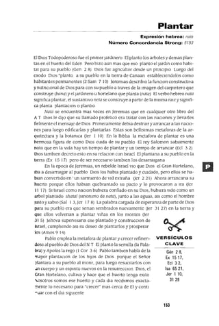 Gén 28,
Ex 1517,
Ecl 32,
Isa 6521,
Jer 1 10,
31 28
Plantar
Expresión hebrea: nata
Número Concordancia Strong: 5193
El DIOS Todopoderoso fue el pnmer lardmero El planto los arboles y demas plan-
tas en el huerto del Eden Pero hlZ0 aun mas que eso planto el Jardm como habl-
tat para su pueblo (Gen 2 8) DIOS fue agncultor desde un pnnClplO Luego del
exodo DIOS "planto a su pueblo en la tlerra de Canaan estableClendolos como
habitantes permanentes (2 Sam 7 10) Jeremlas descnblO la funclOn constructiva
y nutnclOnal de DIOS para con su pueblo a traves de la Imagen del carpmtero que
construye (bana) y el Jardmero u hortelano que planta (nata) El verbo hebreo nata
slgmflca plantar, el sustantivo neta se construye a partir de la misma ralz yslgmfi-
ca planta plantaClon o plantlo
Nata se encuentra mas veces en Jeremlas que en cualqUier otro IJbro del
AT DIOS le diJO que su llamado profetlco era tratar con las nacIOnes y llevarles
fielmente el mensaje de DIOS Pnmeramente debla destrulr y arrancar a las naCio-
nes para luego edificarlas y plantarlas Estas son belllslmas metaforas de la ar-
qUitectura y la botamca Uer 1 10) En la Biblia la metafora de plantar es una
hermosa figura de como DIOS CUida de su pueblo El rey Saloman sablamente
noto que en la Vida hay un tlempo de plantar y un tiempo de arrancar (Ecl 3 2)
DIOS tamblen decreto esto en su relaclOn con Israel El plantana a su pueblo en la
tierra (Ex 15 17) pero de ser necesano tamblen los desarralgana
En la epoca de Jeremlas, un rebelde Israel VIO que DIOS el Gran Hortelano,
Iba a desarraigar al pueblo DIOS los habla plantado y CUidado, pero ellos se ha-
blan convertido en 'un sarmiento de Vid extraña Uer 2 21) Ahora arrancana su
huerto porque ellos hablan quebrantado su pacto y lo provocaron a lra Uer
11 17) S11srael como naClon hublera confiado en su OlaS, hubiera Sido como un
arbol plantado shatal (smommo de nata), Junto a las aguas, aSI como el hombre
Justo y sabiO (Sal 1 3,Jer 17 8) La palabra cargada de esperanza de parte de DIOS
para su pueblo era que senan sembrados nuevamente Uer 31 27) en la tierra y
que ellos vo1venan a plantar Viñas en los montes Uer
31 5) Jehova supervlsana ese plantado y construcClon de
Israel, cumpIJendo aSl su deseo de plantarlos y prosperar
los (Amos 9 14)
Pablo emplea la metafora de plantar y crecer refinen- VERSíCULOS
dose al pueblo de DIOS del N T El planto la semilla (la Pala- CLAVE
bra) y Apolos la rego (l Cor 3 6) Pablo tamblen habla de la
'l1ayor plantaclOn de los hiJOS de DIOS porque el Señor
;Jlantara a su pueblo al monr, para luego resucitarlos con
un cuerpo y un espmtu nuevos en la resurrecClon OlaS, el
Gran Hortelano, cultiva y hace que el huerto tenga exlto
"osotros somos ese huerto y cada dla reclblmos exacta-
~ente lo necesano para "crecer" mas cerca de El y contl
"uar con el dla sigUiente
153
 