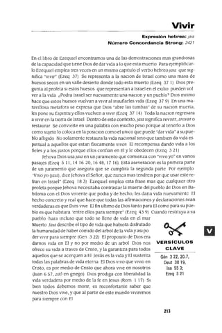 Gén 322,20.7,
Deut 3019,
Isa 553;
Ezeq 3 21
Vivir
Expresión hebrea: Jala
Número Concordancia Strong: 2421
En el lIbro de EzeqUIel encontramos una de las demostracIOnes mas grandIosas
de la capacIdad que tIene DIos de dar vIda a lo que esta muerto Para eJemplIfIcar-
lo EzeqUIel emplea tres veces en un mIsmo capItulo el verbo hebreo jala que slg-
mfica "VlVlr" (Ezeq 37) Se representa a la naClon de Israel como una masa de
huesos secos en un valle desIerto donde todo esta muerto (Ezeq 37 1) DIos pre-
gunta al profeta SI estos huesos que representan a Israel en el eXIlIo pueden vol
ver a la vIda ¿Podra Israel ser nuevamente una naclOn y un pueblo? DIos mIsmo
hace que estos huesos vuelvan a vIvIr al Insuflarles vIda (Ezeq 379) En una ma-
ravIllosa metafora se expresa que DIOS "abre las tumbas" de su naclOn muerta,
les pone su Espmtu y ellos vuelven a vIvIr (Ezeq 37 14) Toda la naClan regresara
a vIvIr en la tierra de Israel Dentro de este contexto,jaJa sIgnIfica reVIVIr, aVIvar o
restaurar Se convIerte en una palabra con mucho peso porque al tenerlo a DIOS
como sUjeto lo coloca en la poslClon como el UnICO que puede "dar vIda" a su pue-
blo aflIgIdo No solamente restaura la vIda naClonal SInO que tamblen da vIda es
pmtual a aquellos que estan fíSIcamente VIVOS El recompensa dando vIda a los
fieles y a los Justos porque ellos confIan en El y le obedecen (Ezeq 3 21 )
Jehova DIOS usa jaJa en un Juramento que comIenza con "VIVO yo" en vanos
pasajes (Ezeq 5 11, 14 16 20, 1648, 17 16) Esta aseveraClan es la pnmera parte
de un Juramento que asegura que se cumplIra la segunda parte Por ejemplo
'VIVO yo (jala), dICe Jehova el Señor, que nunca mas tendrels por que usar este re-
fran en Israel" (Ezeq 183) EzeqUIel emplea esta frase mas que cualqUIer otro
profeta porque Jehova necesItaba contrastar la muerte del pueblo de DIOS en Ba-
bIlonIa con el DIOS vIvIente que podIa y de hecho, les dana vIda nuevamente El
hecho concreto y real que hace que todas las afirmaCIOnes y declaraClones sean
verdaderas es que DIOS vIve El fin ultImo de DIOS tanto para El como para su pue-
blo es que habItara 'entre ellos para sIempre" (Ezeq 43 9) Cuando restItuya a su
pueblo hara Incluso que todo se llene de vIda en el mar
Muerto Jala descnbe el tIpO de vIda que hubIera dIsfrutado
la humanIdad de haber comIdo del arbol de la vIda y aSI po
der vIvIr para sIempre (Gen 3 22) El propOSltO de DIOS era
darnos VIda en El y no por medIO de un arbol DIOS nos VERSíCULOS
ofrece su VIda a traves de Cnsto, y la garantIza para todos CLAVE
aquellos que se acerquen a El Jesús es la VIda y El sustenta
todas las palabras de VIda eterna El DIOS VIVO que VIVIO en
Cnsto, es por medIO de Cnsto que ahora vIve en nosotros
(Juan 657, zao en grIego) DIOS prodIga con lIberalIdad la
VIda verdadera por medIO de la fe en Jesus (Rom 1 17) SI
bIen todos debemos monr, es reconfortante saber que
nuestro DIOS VIve, y que al partIr de este mundo VlVlremos
para sIempre con El
213
 