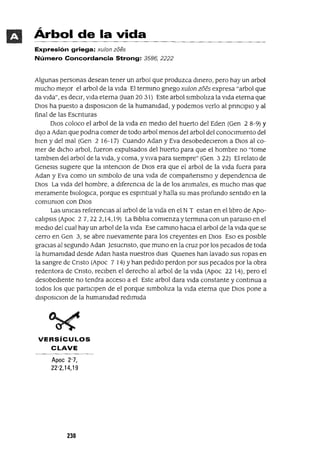 Árbol de la vida
Expresión griega: xu/on zóes
Número Concordancia Strong: 3586, 2222
Algunas personas desean tener un arbol que produzca dmero, pero hay un arbol
mucho mejor el arbol de la VIda El termmo gnegoxulon zoes expresa "arbol que
da VIda", es decIr, VIda eterna auan20 31) Este arbol sImbol1za la VIda eterna que
DIOS ha puesto a dlSposIClon de la humamdad, y podemos verlo al pnnClplo y al
final de las Escnturas
DIOS coloco el arbol de la VIda en medIO del huerto del Eden (Gen 2 8-9) Y
dIJO a Adan que podna comer de todo arbol menos del arbol del conOCImIento del
bIen y del mal (Gen 2 16-17) Cuando Adan y Eva desobedecIeron a DIOS al co-
mer de dICho arbol, fueron expulsados del huerto para que el hombre no "tome
tamblen del arbol de la VIda, y coma, yVIVa para SIempre" (Gen 3 22) El relato de
Genesls sugIere que la mtenclon de DIOS era que el arbol de la VIda fuera para
Adan y Eva como un sImbolo de una VIda de compañensmo y dependencIa de
DIOS La VIda del hombre, a dIferencIa de la de los ammales, es mucho mas que
meramente bIOloglCa, porque es espmtual y halla su mas profundo sentIdo en la
comumon con DIOS
Las umcas referencIas al arbol de la VIda en el N Testan en ell1bro de Apo-
cailpsls (Apoc 27,222,14,19) La Blbila comIenza ytermma con un paralso en el
medIO del cual hay un arbol de la VIda Ese cammo haCIa el arbol de la VIda que se
cerro en Gen 3, se abre nuevamente para los creyentes en DIOS Eso es pOSIble
graCIas al segundo Adan Jesucnsto, que muna en la cruz por los pecados de toda
la humamdad desde Adan hasta nuestros dlas Qmenes han lavado sus ropas en
la sangre de Cnsto (Apoc 7 14) Yhan pedIdo perdon por sus pecados por la obra
redentora de Cnsto, reCIben el derecho al arbol de la VIda (Apoc 22 14), pero el
desobedIente no tendra acceso a el Este arbol dara VIda constante y contmua a
todos los que partICIpen de el porque sImbol1za la VIda eterna que DIOS pone a
dlSposlClon de la humamdad redImIda
VERSíCULOS
CLAVE
Apoc 2'7,
22'2,14,19
230
 