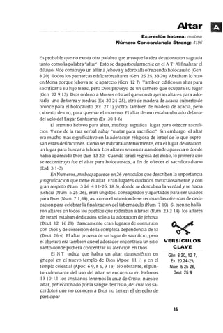 Gén 8 20, 12 7,
Ex 20.24-25,
Núm 52526,
Deut 26'4
Altar
Expresión hebrea: mlsbea¡
Número Concordancia Strong: 4196
Es probable que no eXIsta otra palabra que mvoque la Idea de adoracIOn sagrada
tanto como la palabra "altar' Esto se da partIcularmente en el A T Al finalIzar el
dIluVIO, Noe construyo un altar a ]ehova y adoro allI ofrecIendo holocausto (Gen
820) Todos los patnarcas edIficaron altares (Gen 2625,3320) Abraham lo hIZO
en Mona porque ]ehova se le aparecIO (Gen 12 7) Tamblen edIfico un altar para
sacnficar a su hIJO Isaac, pero DIOS proveyo de un carnero que ocupara su lugar
(Gen 229,13) DIOS ordeno a MOlses e Israel que construyeran altares para ado-
rarlo uno de tIerra y pIedras (Ex 2024-25), otro de madera de acaCIa cubIerto de
bronce para el holocausto (Ex 27 1) Yotro, tamblen de madera de acaCIa, pero
cubIerto de oro, para quemar el mCIenso El altar de oro estaba ubIcado delante
del velo del Lugar SantIslmo (Ex 30 1-6)
El termmo hebreo para altar, mlsbea], sIgnIfica lugar para ofrecer sacnfi-
CIOS VIene de la raIZ verbal zaba] "matar para sacnficlo" Sm embargo el altar
era mucho mas signIficatIvo en la adoraCIon relIgIOsa de Israel de lo que expre
san estas definICIOneS Como se mdlcara antenormente, era el lugar de oraCIon
un lugar para buscar a ]ehova Los altares se constrUlan donde aparecIa o donde
habIa aparecIdo DIOS (lue 13 20) Cuando Israel regresa del eXIlIo, lo pnmero que
se reconstruyo fue el altar para holocaustos, a fin de ofrecer el sacnficIO dIana
(Esd 31-3)
En Numeros, mIsbea] aparece en 26 versIculos que descnben la ImportanCIa
y sIgmficaCIon que tIene el altar Eran lugares CUIdados metICulosamente y con
gran respeto (Num 326 4 11-26, 185), donde se descubna la verdad y se haCIa
JustIcIa (Num 525-26), eran ungIdos, consagrados y apartados para ser usados
para DIOS (Num 7 1,84), aSI como el SItIO donde se reCIbIan las ofrendas de dedl-
caCIon para celebrar la finalIzaCIon del tabernaculo (Num 7 10) SI bIen se halla
ron altares en todos los pueblos que rodeaban a Israel (Num 232 14) los altares
de Israel estaban dedIcados solo a la adoracIOn de ]ehova
(Deut 12 16 21) BasICamente eran lugares de comUnIon
con DIOS y de confesIOn de la completa dependenCIa de El
(Deut 264) El altar proveIa de un lugar de sacnfiCIo, pero
el ObjetIVO era tamblen que el adorador encontrara un SItIO VERSíCULOS
santo donde pudIera concentrar su atenCIon en DIOS CLAVE
El NT mdICa que habra un altar (thusIastenon en
gnego) en el nuevo templo de DIOS (Apoc II 1) Y en el
templo celestIal (Apoc 69,85,9 13) No obstante, el pun-
to culmmante del uso del altar se encuentra en Hebreos
13 10-12 los cnstlanos tenemos la cruz de Cnsto, nuestro
altar, perfeccIOnado por la sangre de Cnsto, del cual los sa-
cerdotes que no conocen a DIOS no tIenen el derecho de
partICIpar
15
 