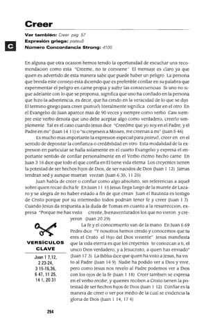 Juan 17,12,
223-24,
315-16,36,
647,1125,
141,2031
Creer
Ver también: Creer pag 57
Expresión griega: plsteu8
Número Concordancia Strong: 4100
En alguna que otra ocaSIOn hemos temdo la oportumdad de escuchar una reco-
mendaClon como esta "Creeme, no te conviene' El mensaje es claro ya que
qUien es advertido de esta manera sabe que puede haber un peligro La persona
que bnnda este consejo esta diCiendo que es prefenble confiar en su palabra que
expenmentar el peligro en carne propia y sufnr las consecuenCias SI uno no SI-
gue adelante con lo que se propoma, slgmfica que uno ha confiado en la persona
que hizo la advertencia, es deCir, que ha creldo en la veraCidad de lo que se diJo
El termino gnego para creer (pIsteuo) literalmente slgmfica confiar en el otro En
el Evangelio de Juan aparece mas de 90 veces y siempre como verbo CasI siem-
pre este verbo denota que uno debe aceptar algo como verdadero, creerlo sim-
plemente Tal es el caso cuando Jesus dICe "Creedme que yo soy en el Padre, yel
Padre en mi" (Juan 14 11) o "SI creyeseis a MOlses, me creenas a mi" (Juan 5 46)
Es mucho mas Importante la expresIOn especial parapIsteuo, creer en en el
sentido de depositar la confianza o credibilidad en otro Esta modalidad de la ex-
presIOn en particular se halla solamente en el cuarto Evangelio y expresa el Im-
portante sentido de confiar personalmente en el Verbo eterno hecho carne En
Juan 3 16 dICe que todo el que confía en El tiene vida eterna Los creyentes tienen
la potestad de ser hechos hiJOS de DIOS, de ser naCidos de DIOS (Juan I 12) Jamas
tendran sed y aunque mueran vlVlran (Juan 6 35, II 25)
Juan habla de creer o confiar como algo absoluto, Sin referencias a aquel
sobre qUien recae dicha fe En Juan II 15Jesus llega luego de la muerte de Laza-
ro y se alegra de no haber estado a fin de que crean Juan el Bautista es testigo
de Cnsto porque por su intermedIO todos podnan tener fe y creer (Juan I 7)
Cuando Jesus da respuesta a la duda de Tomas en cuanto a la resurreCClon, ex-
presa "Porque me has ViStO crelste, bienaventurados los que no vieron y cre-
yeron (Juan 20 29)
La fe y el conOCimiento van de la mano En Juan 6 69
Pedro dICe "Y nosotros hemos creldo y conocemos que tu
eres el Cnsto el HIJO del DIOS vIviente" Jesus mamfiesta
VERSíCULOS que la Vida eterna es que los creyentes te conozcan a ti, el
CLAVE umco DIOS verdadero, y a Jesucnsto, a qUien has enviado"
(Juan 17 3) La Biblia dICe que qUien ha ViStO a Jesus, ha VIS
to al Padre (Juan 14 9) Nadie ha podido ver a DIOS y VIVir,
pero como Jesus nos revelo al Padre podemos ver a DIOS
con los oJos de la fe (Juan I 18) Creer tamblen se expresa
en el verbo recIbIr, y qUienes reCiben a Cnsto tienen la po-
testad de ser hechos hiJOS de DIOS (Juan I 12) Confiar es la
manera de creer o ver por medIO de la cual se eVidenCia la
glona de DIOS (Juan I 14, 174)
254
 