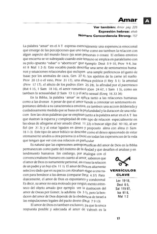 Lev 19'18,
Deut 6 5,
Sal 11997,
Isa 61 8,
Mal 12
Amar
Ver también: Amor pag 225
Expresión hebrea: ahab
Número Concordancia Strong: 157
La palabra "amar" en el A T expresa esenCl~lmente una expenenCla emoClonal
que emerge de las percepClones que uno tIeT'¡e como aSI tambIen la relacIOn con
algun aspecto del mundo f¡SICo (ya sean personas o cosas) El enfasIs emotIvo
que encIerra se ve subrayado cuando este termmo se emplea en paralelIsmo con
su polo opuesto "odIar" o "aborrecer" (por ejemplo Deut 59 10, Prov 98, Isa
61 8 Mal I 2-3) Este vocablo puede descnbIr una sene de sentImIentos huma
nos y SItuacIones relaCIOnales que mcluyen una sImple preferenCIa (el gusto de
Isaac por los ammales de caza, Gen 274), los apetItos de la carne (el sueño
Prov 2013 o el vmo, Prov 21 17), una alIanza polItICa (1 Rey 5 1) la amIstad
(Prov 17 17), el afecto de los padres (Gen ~5 28)~ la afimdad por el parentesco
(Rut 415, I Sam 1816), el amor romantICo (Gen 2467, 1 Sam 15), como aSI
tambIen la sensualIdad (2 Sam 131) Yel acto sexual (Ezeq 163336)
En la BIblIa, la palabra' amar" se aplIca tanto a las relaCIOnes humanas
como a las dIvmas Apesar de que el amor tIende a connotar un sentImIento es
pontaneo debIdo a su caractenstIca emotIva, es tambIen una aCClon delIberada y
CUIdadosamente medIda que se basa en la profundIdad y la duraClan de una rela-
CIOn Son las otras palabras que se emplean Junto a la palabra amar en el A T las
que Ilustran la nqueza y compleJIdad de estE> tIpo de relacIOn espeCIalmente en
las Ideas de allegarse al ser amado (Deut 11 22) o buscar algo (Sal 40 16), al ser
fiel Oer 313) yal estar lIgados en deseo y propOSItO alma con alma (1 Sam
18 1-3) Este tIpO de amor bIblIco se descnbe como el deseo apaSIOnado de estar
mtImamente umdos a otra persona (o a DIOS) en todas las expenenClas de la VIda
que tengan que ver con esa relaClon en partiCular
Es natural que las expreSIOnes antroporrlorficas del amor de DIOS en la BIblIa
permanezcan como parte del mIsteno de la deIdad y que desafien el analISIS y en
tendImIento humanos Sm embargo, por arlalogIa con el
convenCIonalIsmo humano en cuanto al amor, sabemos que
el amor de DIOS es sumamente personaL aSI cama la relaCIon
de un padre yun hIJO (Os 11 1) El amor de Olas es altamente
selectIvo dado que en su pacto con Abraham elIgIO a una na- VE RS íC U LOS
clan para bendeCIr a las demas (comparar De11t 437) Para CLAVE
dOJIcamente, el amor de DIOS es espantanea y condICIonal
Es deCIr, su amor no esta motIvado por nmgurt mento mtnn-
seco del objeto amado (por ejemplo ver la tlustraclOn del
amor de Oseas por Gomer, la adultera Os 3 1L pero la ben-
dIcIon del amor de DIOS depende de la obedIellCIa de Israel a
las estIpulaCIones legales del pacto dIvmo (DE>ut 79 13)
El amor de DIOS es tambIen exclUSIVO, Ya que la umca
respuesta pOSIble y adecuada al amor de Yahveh es la
17
 