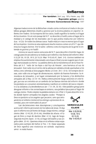 Mat 5 22,29-30,
1028,189,
23 15,33,
Mar 943,45,47
Infierno
Ver tambien: Seo/ pag 183 y Hades pag 299
Expresión griega: geenna
Número Concordancia Strong: 1067
Algunas traduccIOnes de la BIblIa han creado cIerta confuslOn al tradUCIr dos pa-
labras gnegas dIferentes (hades y geenna) por la mIsma palabra en español In
fierno (ver Hades) En la mayona de los casos, hades sIgnIfica la tumba o el lugar
de los muertos En un solo pasaje del N T se descnbe el hades como el lugar de la
maldad y el castIgo de los malvados por lo que podna tradUCIrse por mfierno
(Luc 16 23) En todos los demas casos hades mdICa nI mas nI menos que el lugar
de los muertos Geenna es una expreslOn mucho menos comun en el N T que de-
nota los fuegos eternos Por lo tanto mfierno como la mayona de la gente lo en-
tIende es geenna y no hades
Geenna se usa en vanos versICulos del N T para descnblr el ternble luga! de
castIgo para los pecadores y se traduce por mfierno o las llamas del mfierno (Mat
522,2930,1028,189,2315,33 Mar 943,45,47, Sant 36) Geenna tamblen se
emplea frecuentemente relacIOnado con el JUICIO final y su uso sugIere que el cas
tlgo menCIonado es eterno La palabra denva de la translIteraclOn de la frase he
brea del A T "valle de los hIJOS o del hIJO de Hmom', una barranca al sur de
Jerusalen Este valle era el centro de la adoraClon Idolatra donde quemaban a los
mños como ofrenda al dIOS pagano Moloc (2 eron 28 3 33 6) En tIempos de Jo-
Slas, este valle era un lugar de abommaClon, repleto de huesos humanos la m
mundICIa de Jerusalen, y un lugar cantammado por la basura y los deshechos
arrojados alll (2 Rey 23 10 14) Habla contmuamente fuego ardIendo en este lu
gar, por eso se convIrtIO en un slmbolo de las llamas eternas del mfierno donde
los perdIdos se consumen atormentados y tamblen un slmbolo del JUICIO Impues
to a la Idolatna y la desobedIenCIa Ver 7 31-34, 32 35) Otra palabra grIega para
deSIgnar mfierno o las zonas bajas es tartaras, una palabra tIplca para el lugar de
castIgo eterno Pedro empleo la palabra tartaras en 2 Ped 2 4 para descrIbIr el SI-
tIO donde fueron arrojados los angeles caldos "Porque SI
DIOS no perdono a los angeles que pecaron, smo que arro-
¡andolas al mfierno [tartaras] los entrego a prIsIOnes de os
cUrIdad, para ser reservados al JUICIO"
Las declaraCIones mas descnptlvas y concluyentes VERSíCULOS
acerca del mfierno provIenen de los labIOS de Jesus El dIJO CLAVE
que el mfierno era un horno de fuego, fuego eterno, castIgo
eterno (Mat 1342,50,2541,46), tInIeblas de afuera ellu-
gar de lloro y crujIr de dIentes (Mat 8 12) lago de fuego
segunda muerte (Apoc 21 8) Yel lugar del dIablo y sus an-
geles (Mat 25 41) QUIenes estan en el mfierno estan sepa-
radas para sIempre del Señor (2 Tes 1 9) Estar separado
de DIOS sIgmfica una eXIstencIa sm sentIdo esperanza
amor m nada bueno
309
 