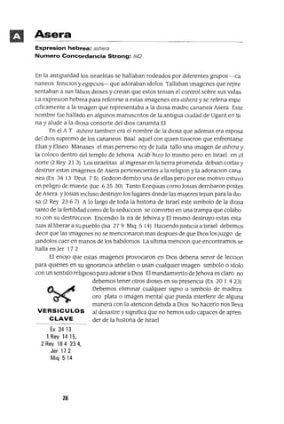 Asera
Expresion hebrea: ashera
Numero Concordancia Strong: 842
En la antlguedad los lsraeiltas se hallaban rodeados por dIferentes grupos -ca
naneas femClos y eglpclOs- que adoraban Idolos Tallaban Imagenes que repre
sentaban a sus falsos dIoses y crelan que estos teman el control sobre sus vIdas
La expreslOn hebrea para refenrse a estas lmagenes era ashera y se refena espe
Clficamente a la Imagen que representaba a la dIosa madre cananea Asera Este
nombre fue hallado en algunos manuscntos de la antIgua clUdad de Ugant en SI
na y alude a la dIosa consorte del dlOS canamta El
En el A T ashera tamblen era el nombre de la dlOsa que ademas era esposa
del dIOS supremo de los cananeos Baal aquel con qUlen tuVIeron que enfrentarse
Eilas y Eilseo Manases el mas perverso rey de Juda tallo una Imagen de ashera y
la coloco dentro del templo de Jehova Acab hIZO lo mIsmo pero en Israel en el
norte (2 Rey 21 3) Los Israeiltas al mgresar en la tIerra prometIda debIan cortar y
destruIr estas lmagenes de Asera perteneClentes a la reilglon y la adoraClon cana
nea (Ex 34 13 Deut 7 5) Gedeon dernbo una de ellas pero por ese motIVO estuvo
en peilgro de muerte (Jue 6 25 30) Tanto EzeqUlas como JOSIaS dernbaron postes
de Asera yJOSIaS mcluso destruyo los lugares donde las mUjeres teJlan para la dlO
sa (2 Rey 23 6 7) A lo largo de toda la hlstona de Israel este 51mbolo de la dIosa
tanto de la fertlildad como de la seducClon se convlrtlO en una trampa que colaba
ro con su destrucClon EncendlO la Ira de Jehova y El mIsmo destruyo estas esta
tuas al ilberar a su pueblo (Isa 279 Mlq 5 14) HaClendo JustICIa a Israel debemos
deCIr que las Imagenes no se menClonaron mas despues de que DIOS losJuzgo de
)andolos caer en manos de los babllomos La ultIma menClon que encontramos se
halla en Jer 17 2
El enoJo que estas lmagenes provocaron en DIOS debena servIr de lecclOn
para qUlenes en su 19noranCla anhelan o usan cualqUler Imagen slmbolo o ldolo
con un sentIdo rellglOso para adorar a DIOS El mandamIento deJehova es claro no
debemos tener otros dIoses en su presencIa (Ex 20 1 423)
Debemos eilmmar cualqUler SIgno o sImbolo de madera
oro plata o Imagen mental que pueda mterfenr de alguna
manera con la atenclOn debIda a DIOS No hacerlo nos lleva
VERSICULOS al desastre y slgmfica que no hemos SIdo capaces de apren
CLAVE der de la hlstona de Israel
Ex 3413
1 Rey 1415,
2 Rey 18 4 23 4,
Jer 17 2
Mlq 514
28
 