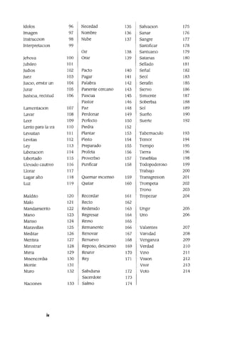 Idolos 96 Necedad 135 SalvaClon 175
Imagen 97 Nombre 136 Sanar 176
InstrucClon 98 Nube 137 Sangre 177
InterpretacIon 99 Santificar 178
Olr 138 Santuano 179
Jehova 100 Orar 139 Satanas 180
jUblleo 101 Sellado 181
JUdIOS 102 Pacto 140 Señal 182
Juez 103 Pagar 141 Seol 183
JUICIO, emItIr un 104 Palabra 142 Serafin 185
Jurar 105 Panente cercano 143 SIervo 186
JustICIa, rectItud 106 Pascua 145 SImIente 187
Pastor 146 SoberbIa 188
LamentaClon 107 Paz 148 Sol 189
Lavar 108 Perdonar 149 Sueño 190
Leer 109 Perfecto 150 Suerte 192
Lento para la Ira 110 PIedra 152
LevIatan 111 Plantar 153 Tabemaculo 193
LeVItas 112 PleItO 154 Temor 194
Ley 113 Preparado 155 TIempo 195
LIberaClon 114 Profeta 156 TIerra 196
LIbertado 115 ProverbIo 157 TInIeblas 198
Llevado cautIvo 116 Punficar 158 Todopoderoso 199
Llorar 117 TrabajO 200
Lugar alto 118 Quemar mCIenso 159 TransgreslOn 201
Luz 119 QUItar 160 Trompeta 202
Trono 203
MaldIto 120 Recordar 161 Tropezar 204
Malo 121 Recto 162
MandamIento 122 RedImIdo 163 UngIr 205
Mano 123 Regresar 164 Uno 206
Manso 124 Remo 165
MaraVIllas 125 Remanente 166 Vahentes 207
Medltar 126 Renovar 167 VanIdad 208
MentIra 127 Renuevo 168 Venganza 209
Mmlstrar 128 Reposo,descanso 169 Verdad 210
Mma 129 ReUnIr 170 Vmo 211
MlsencordJa 130 Rey 171 Vlslon 212
Monte 131 VIvIr 213
Muro 132 Sablduna 172 Voto 214
Sacerdote 173
NaCIOnes 133 Salmo 174
iv
 