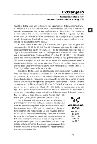 Gén 31 15,
Ex 2:22,
Deut 17.15,
Rut 210,
Isa 2821
Extranjero
Expresión hebrea: noko
Número Concordancia Strong: 5237
En el lIbro de Rut se da uno de los usos mas sIgnIficatIvos de la palabra' extranJe-
ro" en todo el A T AllI se descnbe a Rut como extranjera (noknya) El narrador a
menudo nos recuerda que es una moabIta (Rut 14,22,22,6,21,45,10) que se
caso con el IsraelIta Mahlon, cuya famIlIa resldla en Moab (comparar 1 4,4 10)
Ahora bIen, ¿por que se enfatIza su condlClon de extranjera? Para poder com-
prender la dmamICa de este elemento en la hlstona, debemos conSIderar la pOSI
Clan de los extranjeros (noJen) en el A T
El adJetIVO nokn (extranjero) se emplea en el A T para descnblr personas
(comparar Gen 31 15, Ex 218,1 Rey 11 1), lugares (comparar Ex 222,183) Y
cosas (comparar Isa 2821, Jer 221, Sof 1 8) El sIgnIficado basICo podna ser
"algo prevIamente desconoCIdo" Sm embargo, a menudo modIfica como adJetI-
vo a lo que no es IsraelIta (comparar Deut 17 15, Jue 19 12, 1Rey 11 1) Otro uso
que se da anoJen es cuando en ProverbIOS se aconseja al hIJO que eVIte a la seduc-
tora mUjer extranjera En este caso, no se refiere a la mUjer que no es IsraelIta,
smo a cualqUIer mUjer que no sea su esposa El contexto explIca claramente que
se trata de un uso peyoratIvo del adJetIVO noJen para sIgnIficar ramera (Prov 2 16,
520, 75,2327) o mUjer mala (Frov 624)
En el lIbro de Rut, no es ese el sentIdo de noJen, smo que en realIdad la des-
cnbe como mUjer no IsraelIta Se resalta su condlClon de extranjera para evocar
las promesas de DIOS Pnmero, nos recuerda la promesa de Yahveh a Abraham
de que bendeClra a las naClOnes y sera bendeCIdo por ellas La segunda promesa
vIene a contmuaClOn de la pnmera El lugar que Rut ocupa en la hlstona de Israel
como ancestro de DaVId, Ilustra la fidelIdad de Yahveh al mantener su promesa
de proveer un rey para Israel (Deut 17 14-20) SI Rut no hubIera dado a luz a su
hIJO Obed, qUlzas nunca hubIera eXIstIdo DaVId Su condIclan de extranjera le
permItlo ocupar un lugar Importante dentro de la genealogla de Jesus (comparar
Mat 1), Junto a otras mUjeres como Tamar (Gen 38),
Rahab (Jos 2, 6 17,22-25) YBetsabe (2 Sam 11-12)
De la hlstona podemos extraer dos enseñanzas En
pnmer lugar, su presencIa en la genealogla de DaVId yJesus
muestra que DIOS cumple sus proposItos de maneras extra- VERSíCULOS
ñas pero mteresantes SI la hlstona y la salvaClon fueran un CLAVE
tapIz que DIOS esta entreteJIendo, las Idas yvueltas de nues-
tra VIda senan los dIferentes colores y cambIOS en el dIseño
La segunda enseñanza se basa en el comportamIento de
Rut como extranjera Una Joven mUjer en un pals extranJe-
ro, que demuestra gran valentIa, confianza, obedIenCIa y fi-
delIdad debena servImos de ejemplo Algunas veces, DIOS
tamblen nos llama a "lugares extranjeros" Que nuestra ac-
tItud sea la mIsma de Rut
79
 