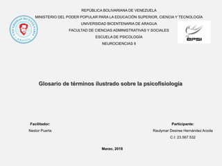 REPÚBLICA BOLIVARIANA DE VENEZUELA
MINISTERIO DEL PODER POPULAR PARA LA EDUCACIÓN SUPERIOR, CIENCIA Y TECNOLOGÍA
UNIVERSIDAD BICENTENARIA DE ARAGUA
FACULTAD DE CIENCIAS ADMINISTRATIVAS Y SOCIALES
ESCUELA DE PSICOLOGÍA
NEUROCIENCIAS II
Participante:
Raulymar Desiree Hernández Arzola
C.I: 23.567.532
Glosario de términos ilustrado sobre la psicofisiología
Facilitador:
Nestor Puerta
Marzo, 2018
 