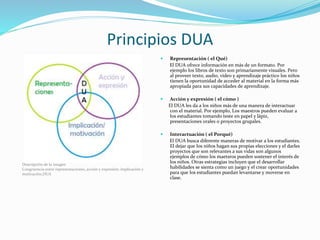 Principios DUA
 Representación ( el Qué)
El DUA ofrece información en más de un formato. Por
ejemplo los libros de texto son primariamente
visuales. Pero al proveer texto, audio, video y
aprendizaje práctico los niños tienen la oportunidad
de acceder al material en la forma más apropiada
para sus capacidades de aprendizaje.
 Acción y expresión ( el cómo )
El DUA les da a los niños más de una manera de
interactuar con el material. Por ejemplo, Los maestros
pueden evaluar a los estudiantes tomando teste en
papel y lápiz, presentaciones orales o proyectos
grupales.
 Interactuación ( el Porqué)
El DUA busca diferente maneras de motivar a los
estudiantes. El dejar que los niños hagan sus propias
elecciones y el darles proyectos que son relevantes a
sus vidas son algunos ejemplos de cómo los maestros
pueden sostener el interés de los niños. Otras
estrategias incluyen que el desarrollar habilidades se
sienta como un juego y el crear oportunidades para
que los estudiantes puedan levantarse y moverse en
clase.
Descripción de la imagen
Congruencia entre representaciones, acción y expresión,
implicación y motivación, DÚA
 