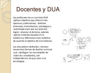 Docentes y DUA
Los profesores de un currículo DUA
aplican objetivos que ofrecen más
opciones y alternativas, distintos
itinerarios, herramientas, estrategias y
andamiajes para que sus alumnos
logren alcanzar el dominio, además
aplican métodos basados en la
evidencia y diferencian esos métodos
de acuerdo al objetivo de la enseñanza.
Los educadores dedicados siempre
encuentran formas de diseñar curricula
que satisfagan las necesidades de
todos los estudiantes, con
independencia de que usen o no
tecnologías.
 