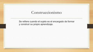 Construccionismo
Se refiere cuando el sujeto es el encargado de formar
y construir su propio aprendizaje.
 