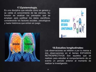 10
17.Epistemología.
Es una disciplina que estudia cómo se genera y
se valida el conocimiento de las ciencias. Su
función es analizar los preceptos que se
emplean para justificar los datos científicos,
considerando los factores sociales, psicológicos
y hasta históricos que entran en juego.
18.Estudios longitudinales:
Las observaciones se refieren a por lo menos a
dos observaciones en el tiempo ESTUDIOS
RETROSPECTIVOS Son aquellos que se
realizan para estudiar el comportamiento de un
evento un periodo anterior al momento de
realizar la investigación.
 
