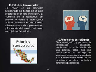 11
19.Estudios transversales:
Se hacen en un momento
determinado del tiempo en un área
geográfica o en una institución. El
momento de la realización del
estudio, lo define el investigador
teniendo en cuenta el conocimiento
existente acerca de la presentación
y frecuencia del evento, así como
los objetivos del estudio.
20.Fenómenos psicológicos
Toda investigación, y por tanto, la
investigación psicológica,
comienzan con la formulación de
una pregunta sobre algo que
desconocemos. En psicología las
preguntas versan sobre la conducta
o el funcionamiento mental de los
organismos, se refieren por tanto a
fenómenos psicológicos.
 