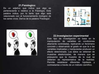 12
21.Fisiologico:
Es un adjetivo que indica que algo es
perteneciente o relativo a la Fisiología. Esta
palabra indica, por lo tanto que algo está
ralacionado con el funcionamiento biológico de
los seres vivos. Deriva de la palabra 'Fisiología'.
22.Investgiacion experimental
Este tipo de investigación se basa en la
manipulación de variables en condiciones
altamente controladas, replicando un fenómeno
concreto y observando el grado en que la o las
variables implicadas y manipuladas producen un
efecto determinado. Los datos se obtienen de
muestras aleatorizadas, de manera que se
presupone que la muestra de la cual se
obtienen es representativa de la realidad.
Permite establecer diferentes hipótesis y
contrastarlas a través de un método científico.
 